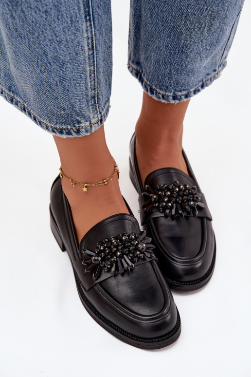 sapato mocassins femininos com enfeites cor preta Murelle