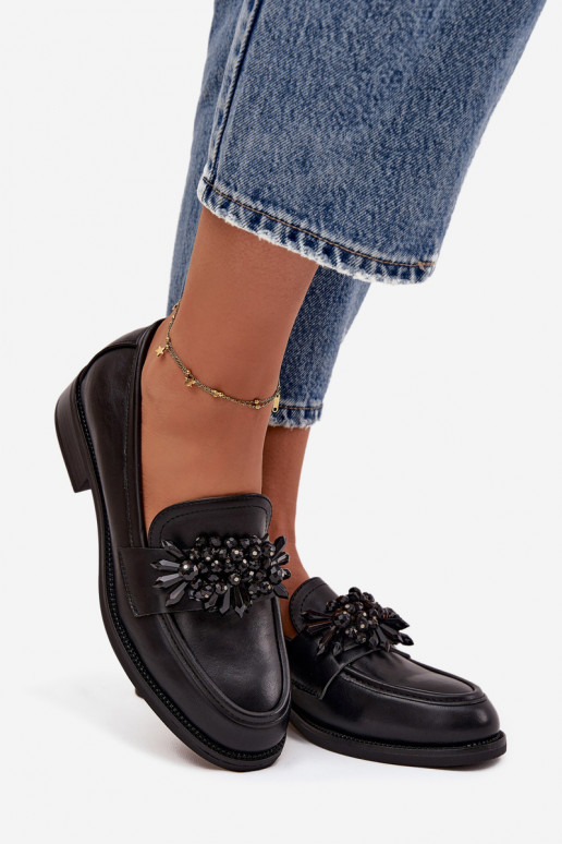 sapato mocassins femininos com enfeites cor preta Murelle