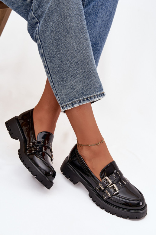 mocassins femininos com efeito verniz com listras I cor pratami com fivelasmi cor preta Gabrisse