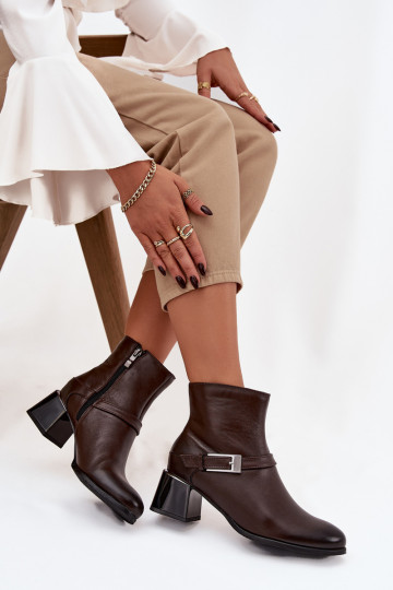 Botas femininas de couro com salto e fivelas "Zazoo 60562" na cor chocolate
