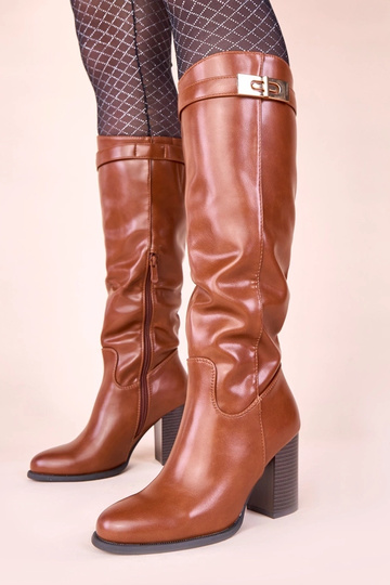 Botas marrons longas em salto com decoração dourada Tessa