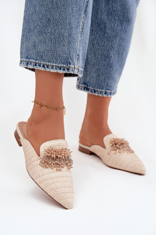 Chinelos femininos com enfeites bege Katrine