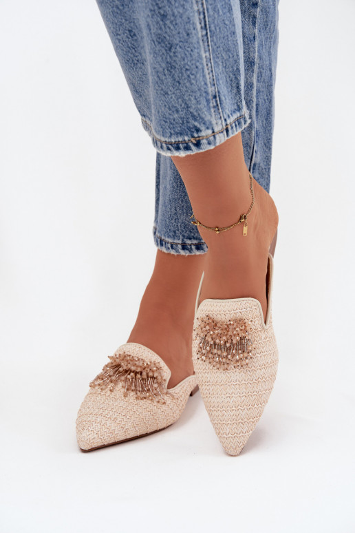 Chinelos femininos com enfeites bege Katrine