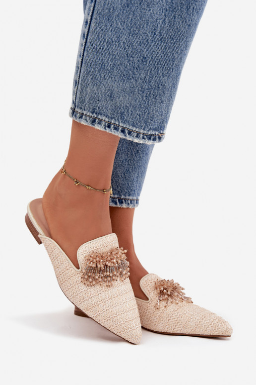 Chinelos femininos com enfeites bege Katrine