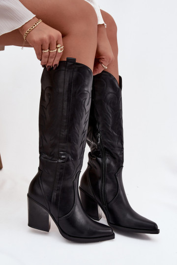Botas de cowboy forradas de cano alto com salto em couro sintético em preto "Zareen"