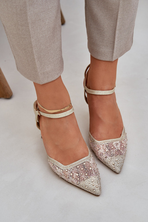 Decorado sapatos de salto alto com salto aberto cor dourada Habilitadonadra