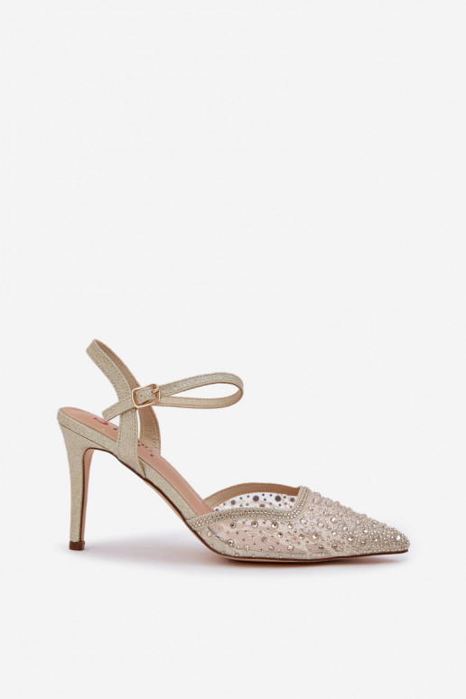 Decorado sapatos de salto alto com salto aberto cor dourada Habilitadonadra