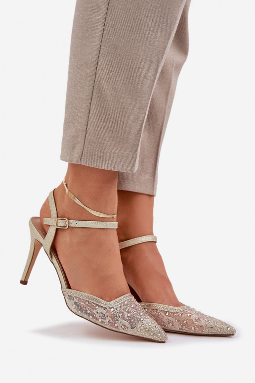 Decorado sapatos de salto alto com salto aberto cor dourada Habilitadonadra