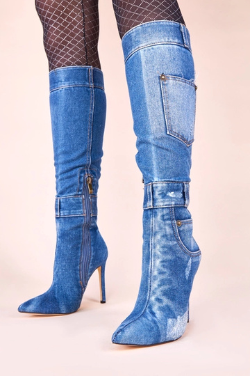 Botas de cano longo de jeans em salto com bolsos Sina