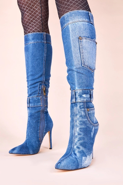 Botas de cano longo de jeans em salto...