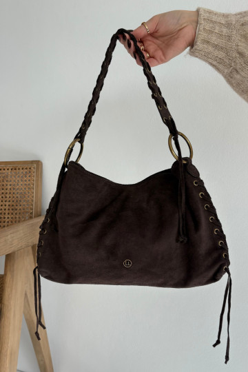 Bolsa de camurça sintética marrom chocolate com cadarços decorativos Janelis