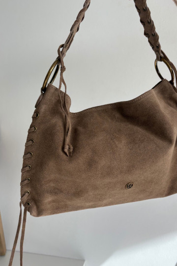 Bolsa de camurça sintética areia-escura com cadarços decorativos Janelis