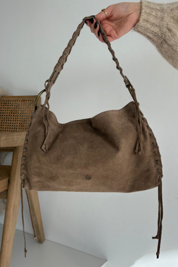 Bolsa de camurça sintética areia-escura com cadarços decorativos Janelis 2
