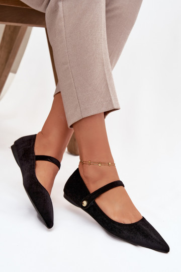 Sapatilhas de veludo tipo ballet com tiras e detalhes em dourado, pretas Gisanne