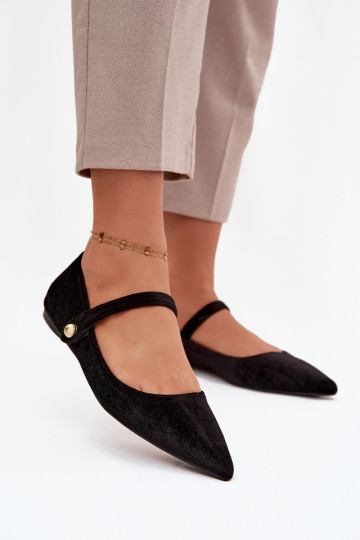 Sapatilhas de veludo tipo ballet com tiras e detalhes em dourado, pretas Gisanne 2