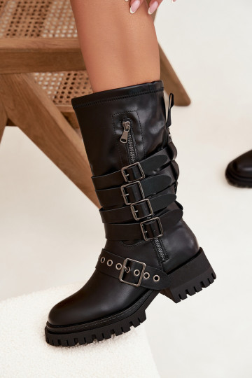 Botas femininas pretas aquecidas com tiras e fivelas "Ivaline"