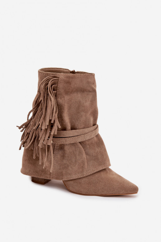 Botas femininas com franjas I cor douradami com fivelasmi bege Evelisse