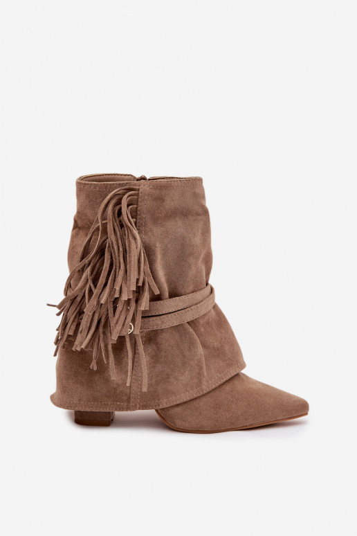 Botas femininas com franjas I cor douradami com fivelasmi bege Evelisse