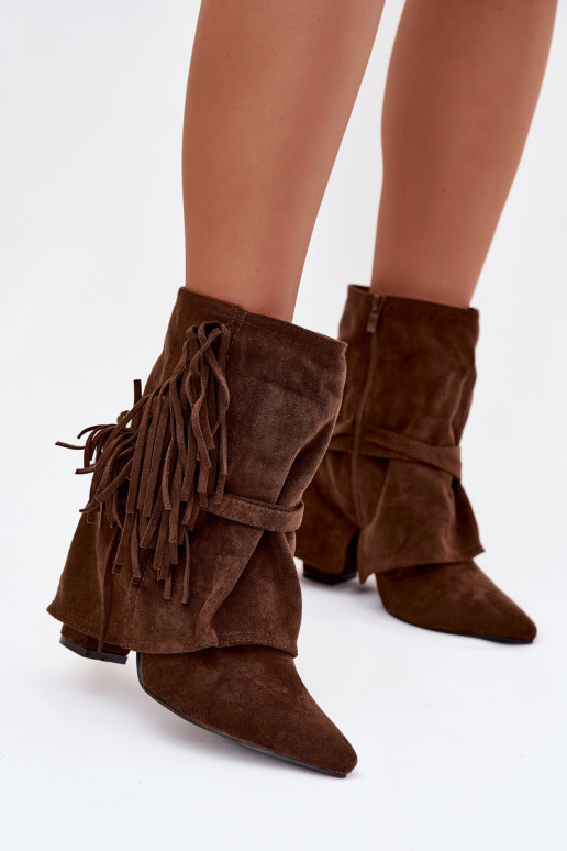 Botas femininas com franjas I cor douradami com fivelasmi cor marrom Evelisse
