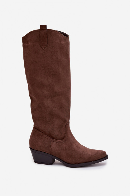 botas estilo vaqueiro Feminino com saltode camurça ecológicau cor marrom Esmira