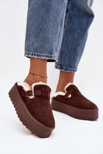 Botas femininas marrons para neve com pelagem, fivelas e plataforma Jessina