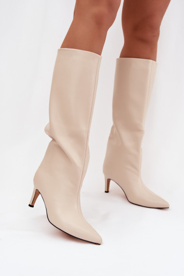 botas femininas Um modelo atraente aquecimento com salto fino cor de marfim Olivienne