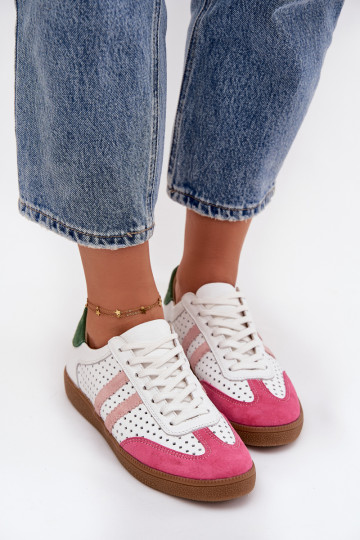 Ténis femininos Zazoo N1318 em rosa e branco com elementos em couro natural