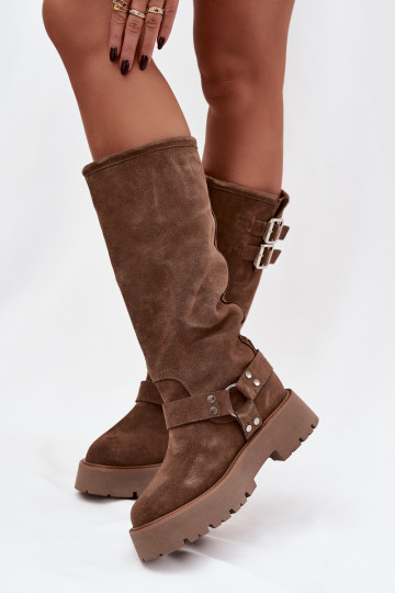 Pele de camurça botas femininas com fivelas aquecimento Big Star OO274A182 bege 2