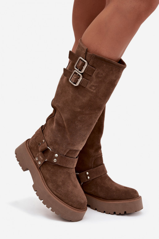 Pele de camurça botas femininas com fivelas aquecimento Big Star OO274A182 bege