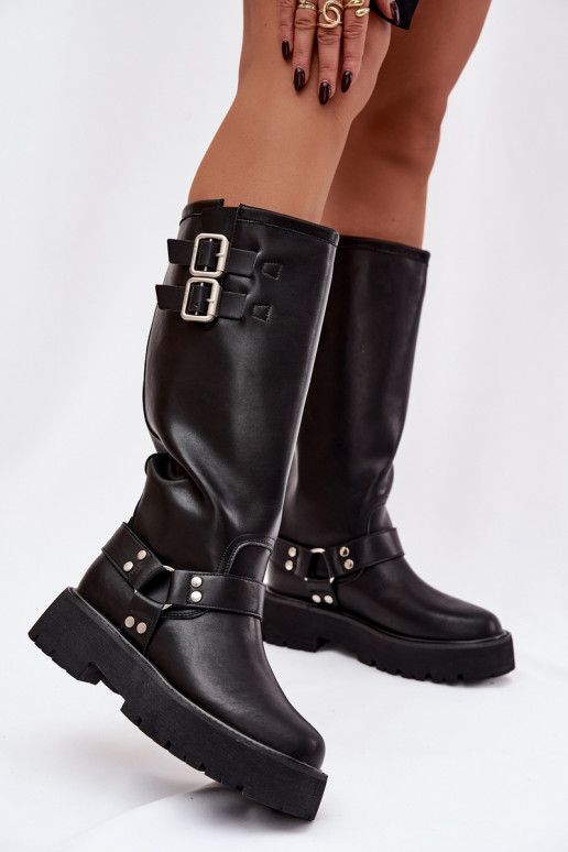 Pele botas femininas com fivelas aquecimento Big Star OO274A180 cor preta