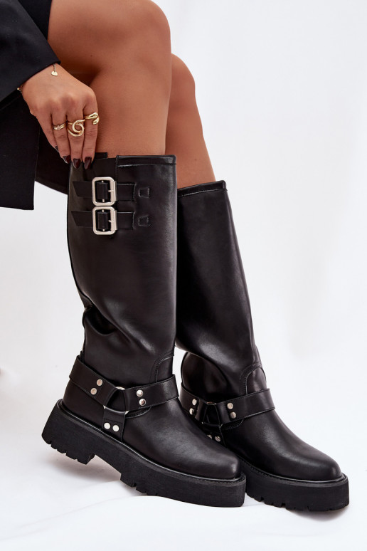 Pele botas femininas com fivelas aquecimento Big Star OO274A180 cor preta