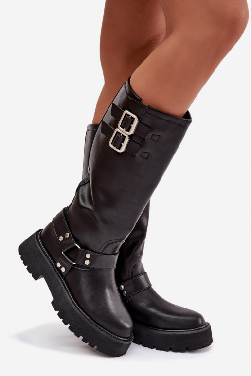 Pele botas femininas com fivelas aquecimento Big Star OO274A180 cor preta