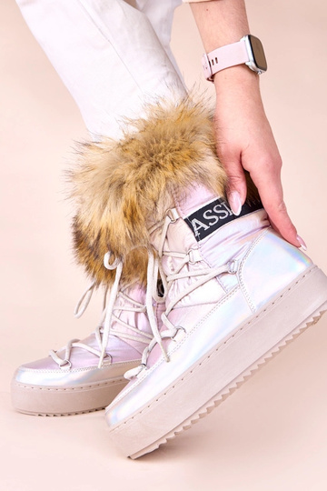 Botas de neve prateados com tom rosa, cadarços e pelo Alison
