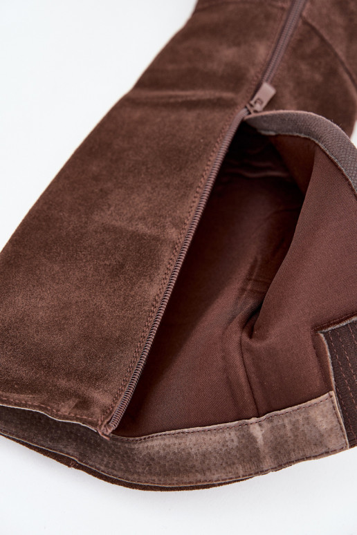 Botas de camurça femininos de cano longo com saltos e fecho, chocolate, Lissara