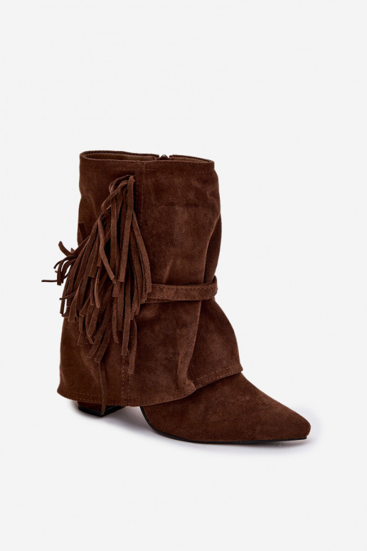 Botas de cano curto femininas marrons com franjas e fivelas douradas Evelisse
