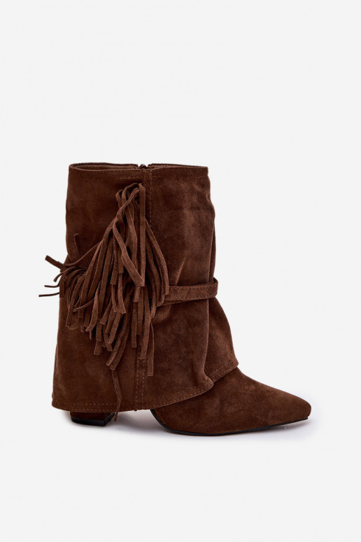 Botas de cano curto femininas marrons com franjas e fivelas douradas Evelisse