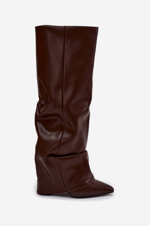 Botas longas femininas quentes na cor chocolate com cano enrolado e salto baixo Elivira