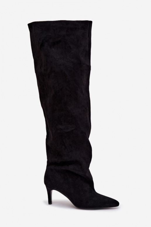 Bota feminina de cano longo com saltos finos slip-on na cor preta Taivilla