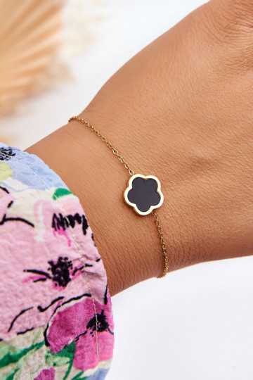 Pulseira feminina com flor preta na cor dourada