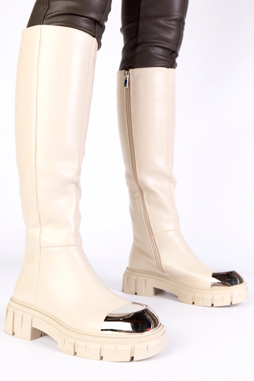 Botas de cano longo na cor areia com bico dourado Camila 2