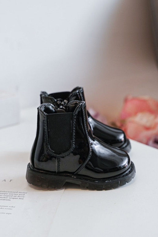 Botas infantis aquecidas com efeito verniz, cor preta Porky