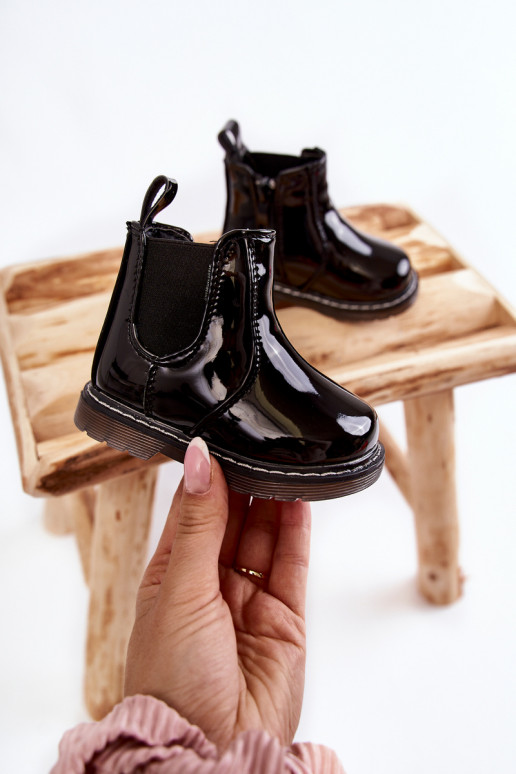 Botas infantis aquecidas com efeito verniz, cor preta Porky