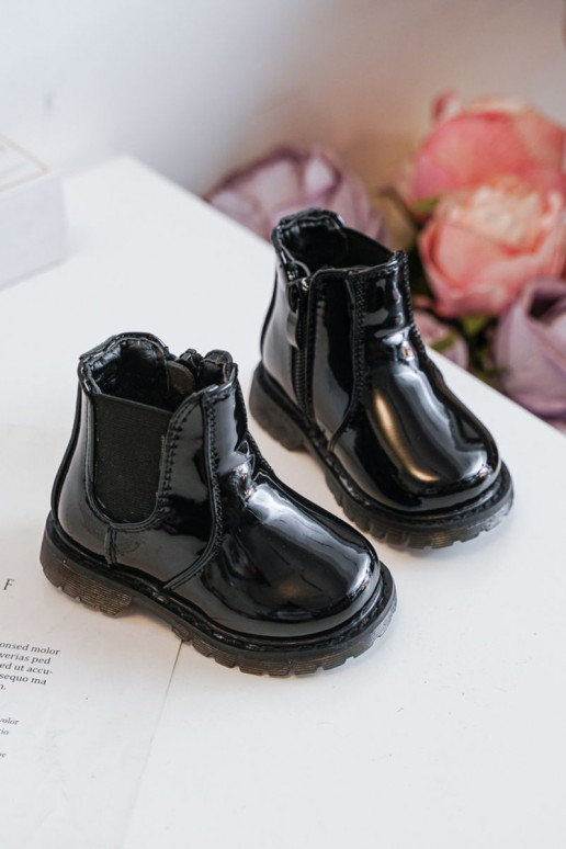 Botas infantis aquecidas com efeito verniz, cor preta Porky