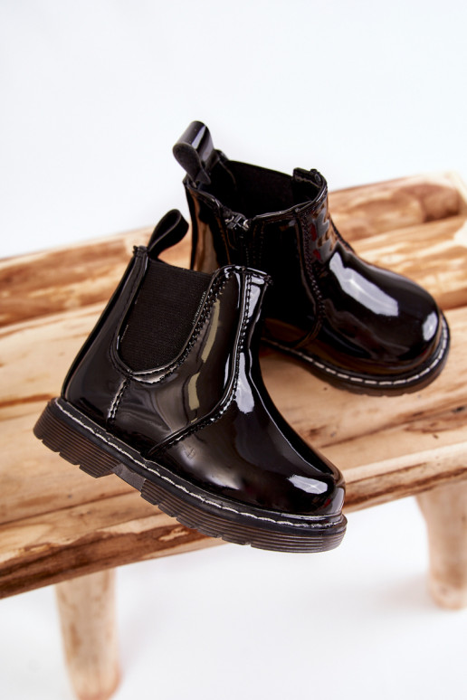 Botas infantis aquecidas com efeito verniz, cor preta Porky
