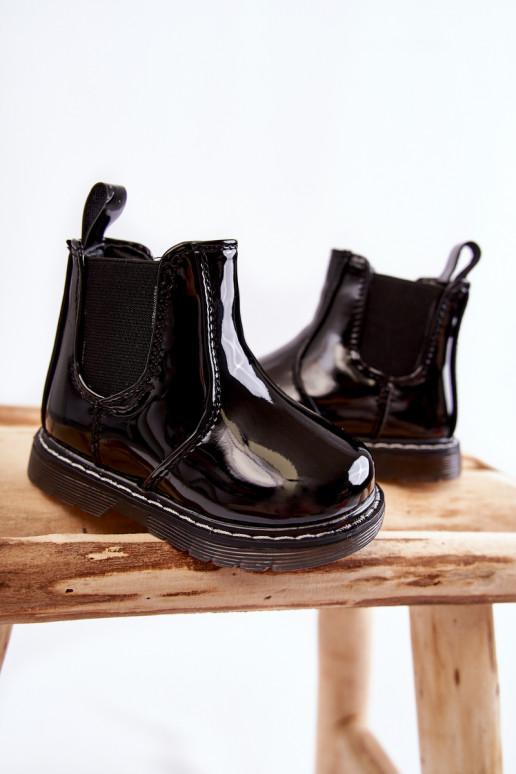 Botas infantis aquecidas com efeito verniz, cor preta Porky