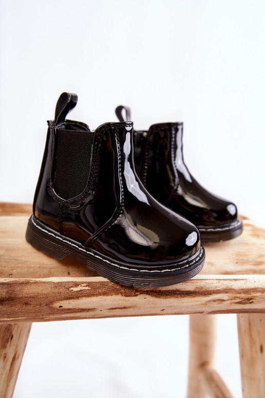 Botas infantis aquecidas com efeito verniz, cor preta Porky