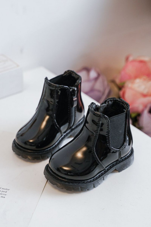 Botas infantis aquecidas com efeito verniz, cor preta Porky