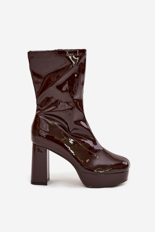 com efeito verniz Botas femininas com uma plataforma I SłupkoParaym Obcasie CzekoladoParae Calvessa