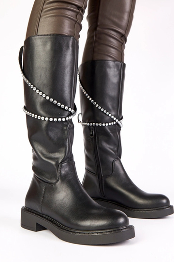 Botas de cano longo pretos com faixa decorada com pedrinhas Roisin