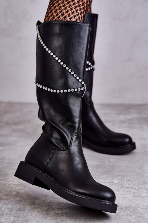 Feminino botas com lindos detalhes cor preta Finlay